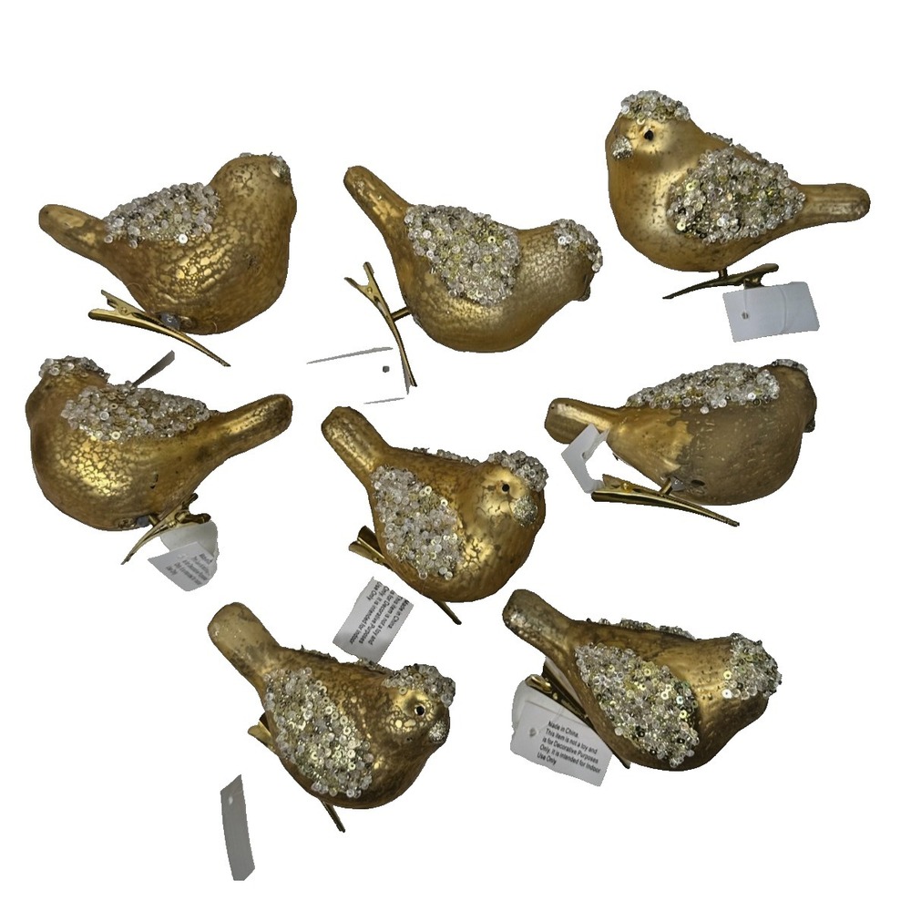 New handblown Glass Gold Bird Christmas Ornaments‎ Set 8 Clip On Beaded